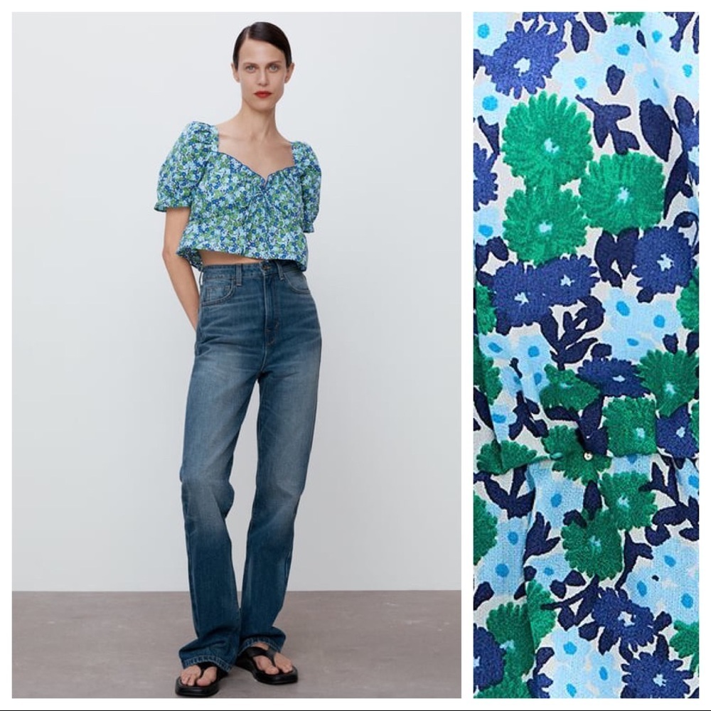 NWT. Zara Blue/Green Cotton Floral Print Cropped Blouse/Top. Size M